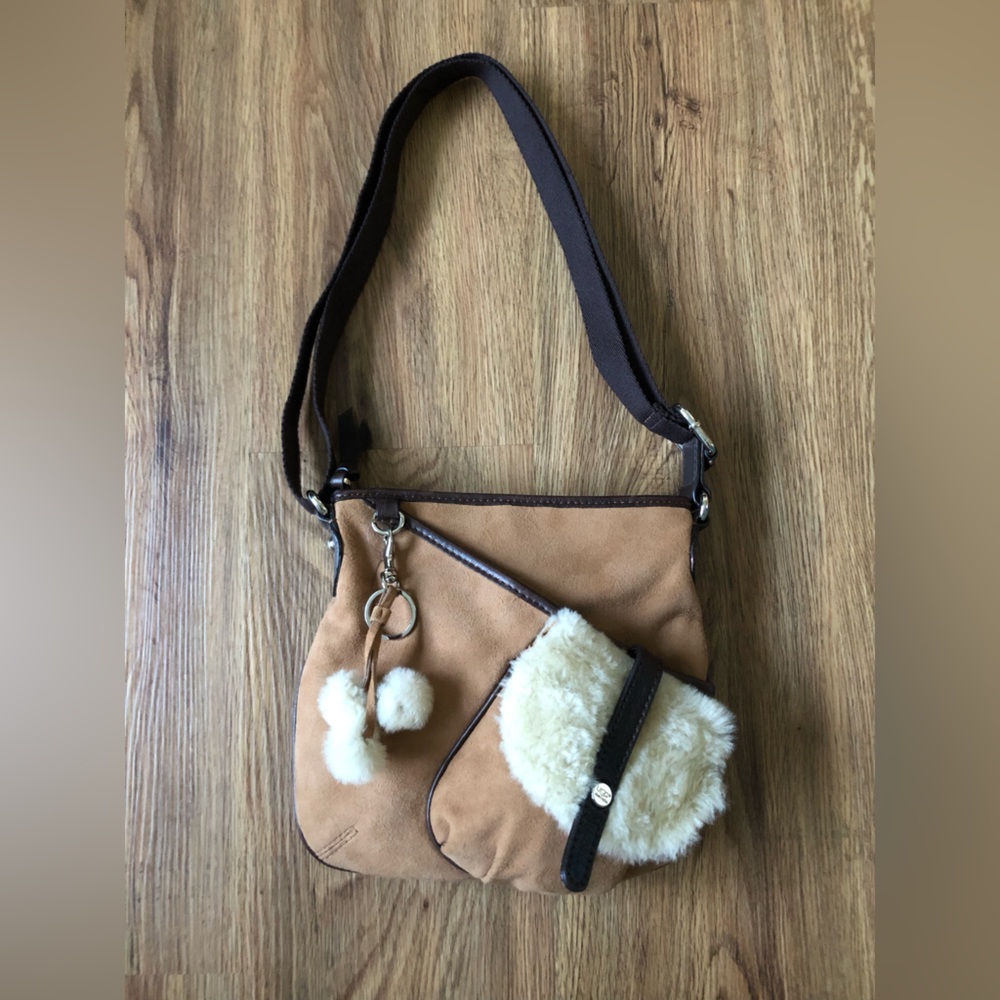 UGG Tan Suede Shoulder Bag with Cream Shearling Accent
